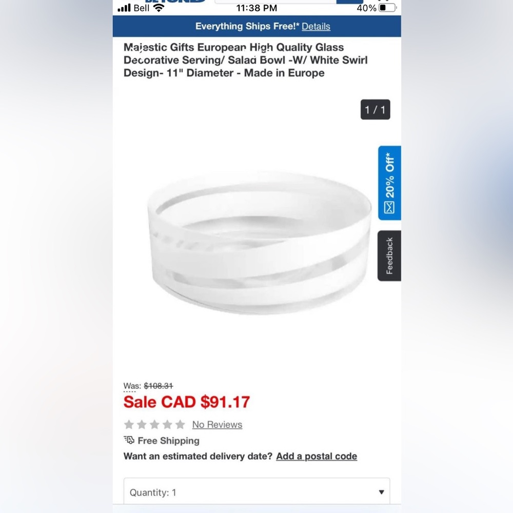 European High Quality Glass Decorative Serving/ Salad Bowl -W/ White Swirl